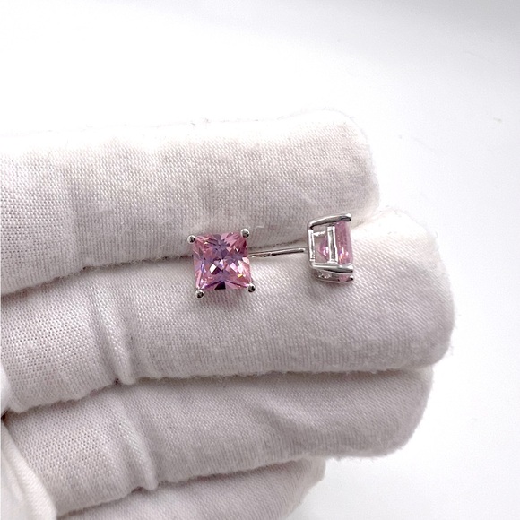 7mm Square Pink Cz .925 Sterling Silver Earrings - Picture 3 of 13